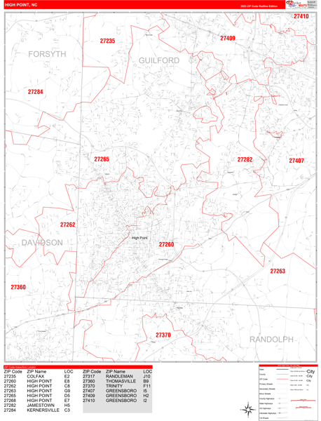 High Point City Wall Map Red Line Style